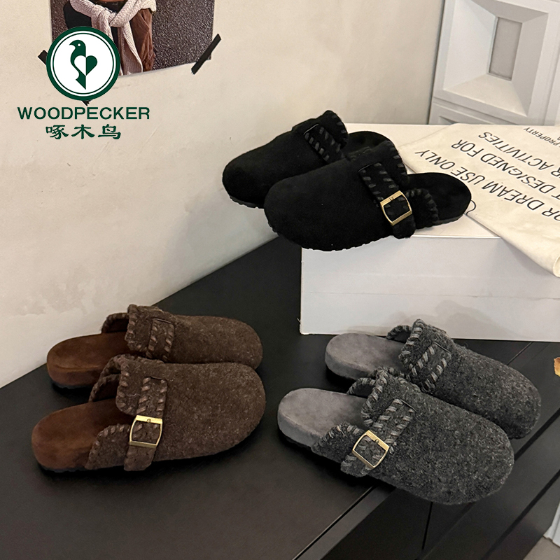 啄木鸟包头半拖鞋女2025新款秋冬一脚蹬外穿厚底灰色毛毡勃肯鞋