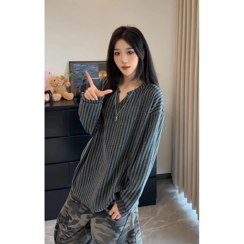 鱼骨纹v领长袖t恤男秋季黑白拼色条纹打底衫松弛感宽松情侣上衣潮