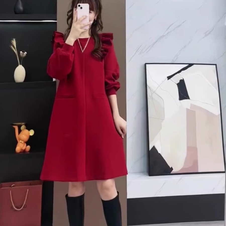 韩国针织毛衣娃娃裙圣诞节本命年红色宽松遮肚公主A字拜年连衣裙