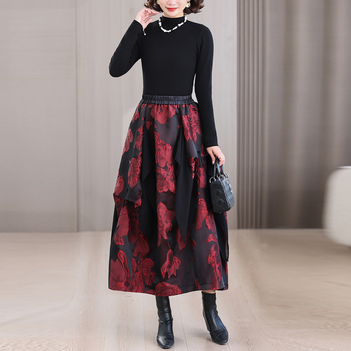 国风浮雕提花跳舞大摆显白半身裙女秋裙时尚潮流不规则中长半身裙