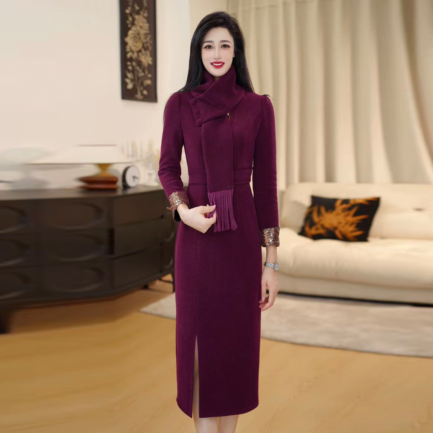 轻奢高端连衣裙女2025秋季新款中年妈妈装修身显瘦收腰中长款裙子