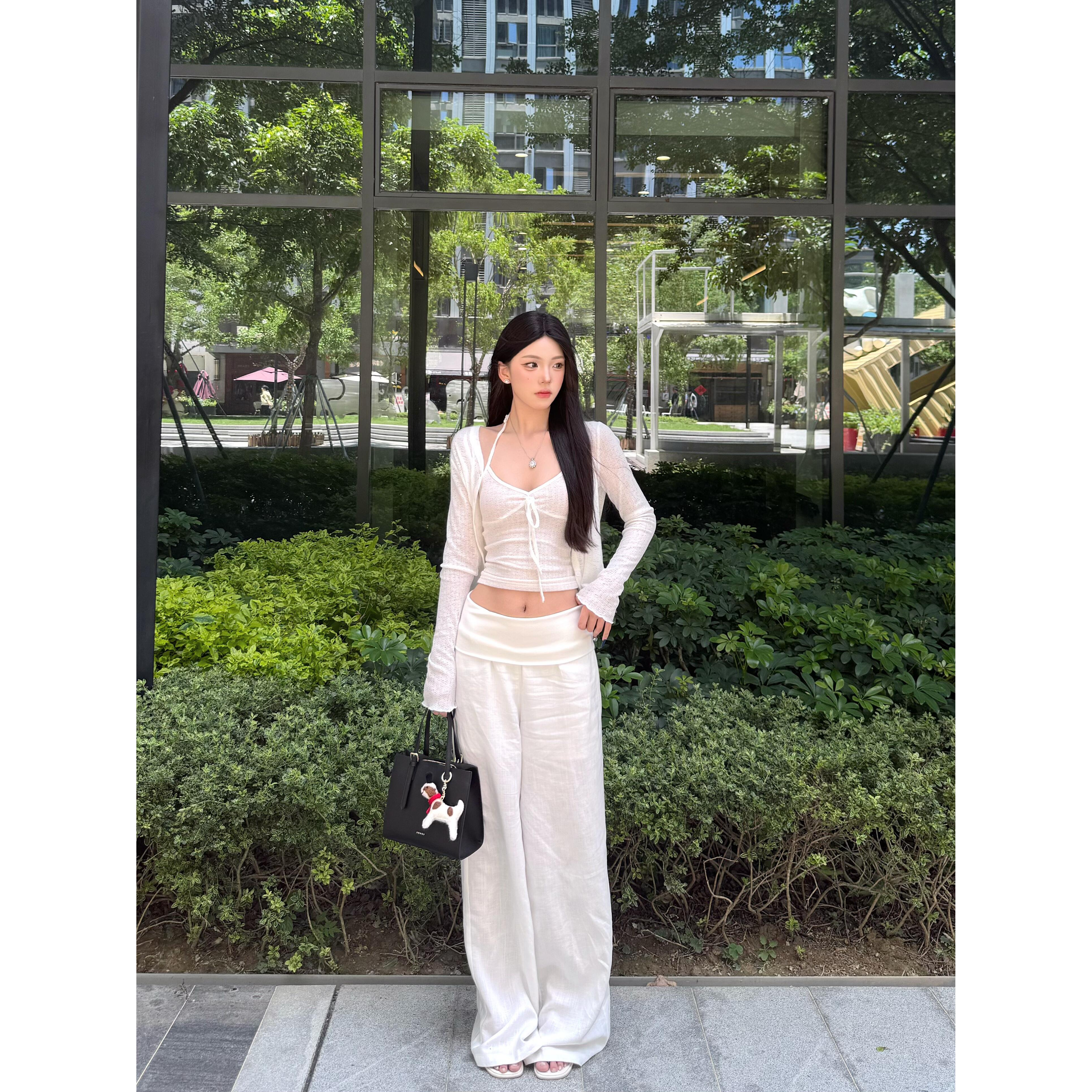 时尚洋气休闲服夏季性感辣妹内搭吊带针织开衫宽松阔腿裤三件套