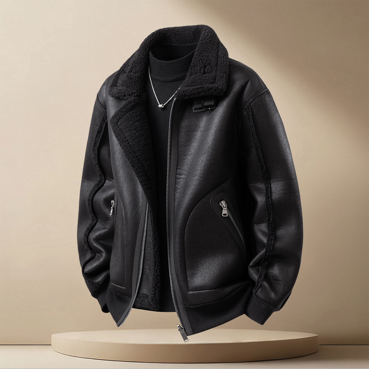 皮毛一体外套男冬季翻领潮牌2025新款休闲机车复古羊羔毛保暖外套