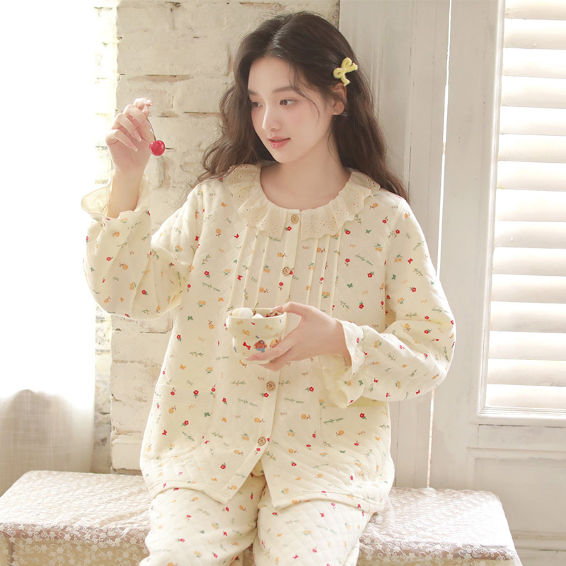 秋季新款纯棉三层夹棉空气层睡衣甜美碎花加厚保暖冬家居服可外穿