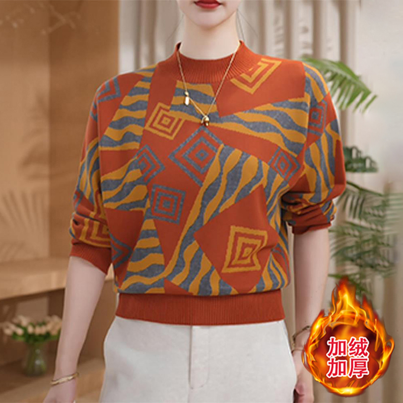 2025秋冬季新款女士大码胖mm几何长袖毛针织衫通勤加厚休闲上衣服