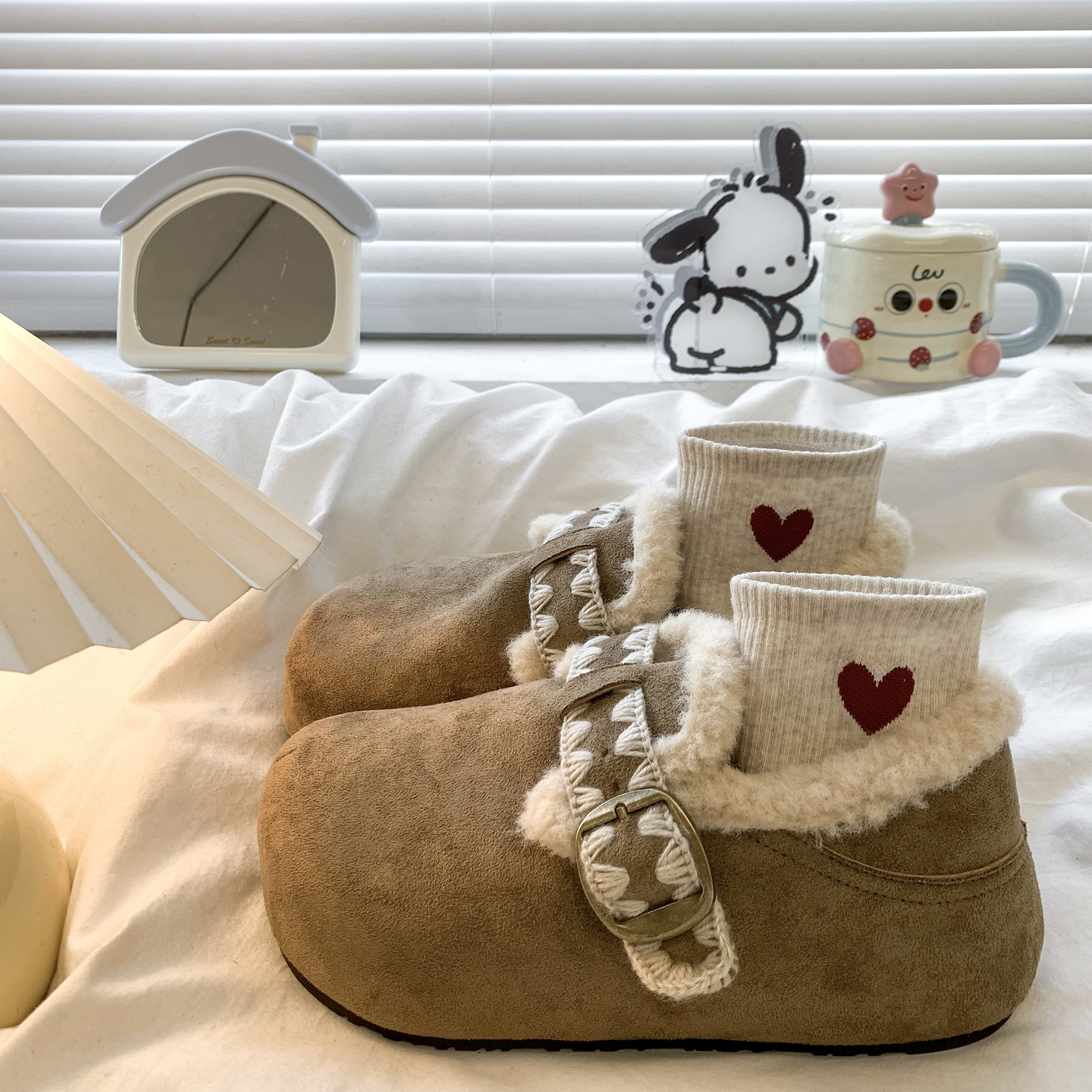 三福复古加绒加厚保暖平底棉鞋女2025新款冬季一脚蹬软底勃肯鞋子