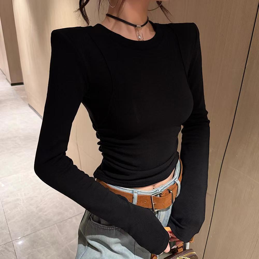 秋冬新款时尚百搭设计感侧打皱鱼骨线显瘦加绒保暖正肩上衣打底衫