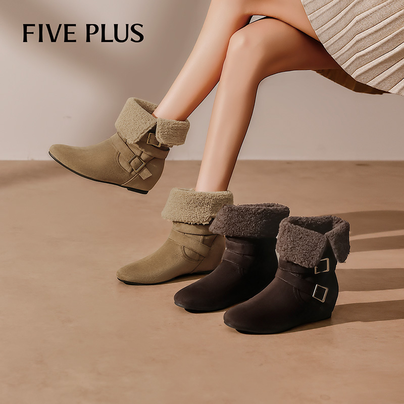FIVE PLUS无感增高5cm厚绒女靴短靴女款2025冬季新品加绒牛仔靴