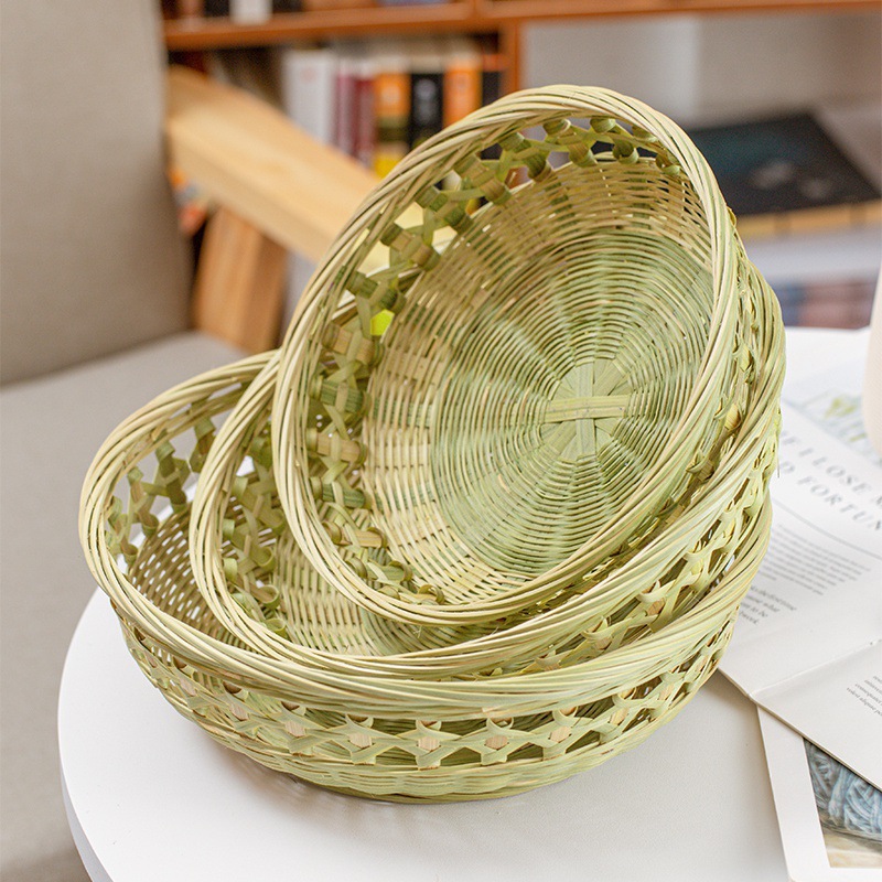 竹编果盘家用竹篮平底镂空串花零食收纳篮馍筐家用水果盘头层竹青