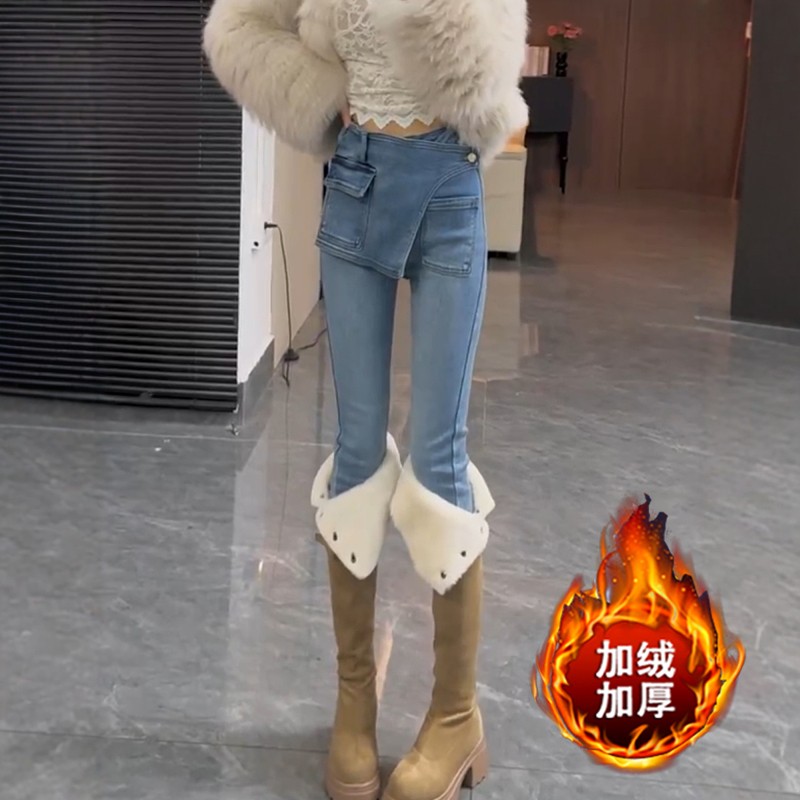 欧货秋冬新款个性设计感牛仔烟管裤女高腰显瘦加绒加厚九分小脚裤