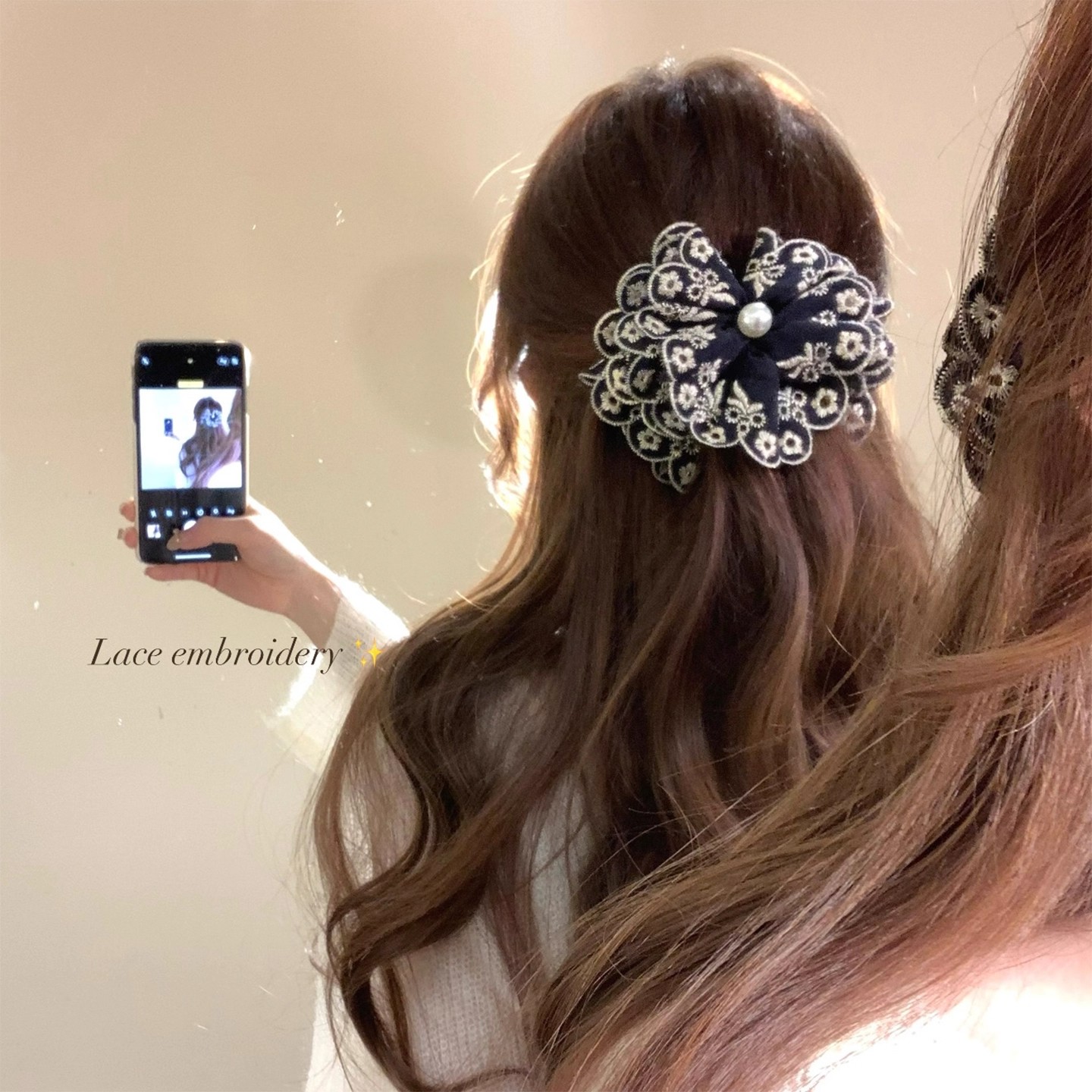 复古宫廷风蕾丝布艺刺绣花朵香蕉夹少女后脑勺盘发马尾夹发饰头饰