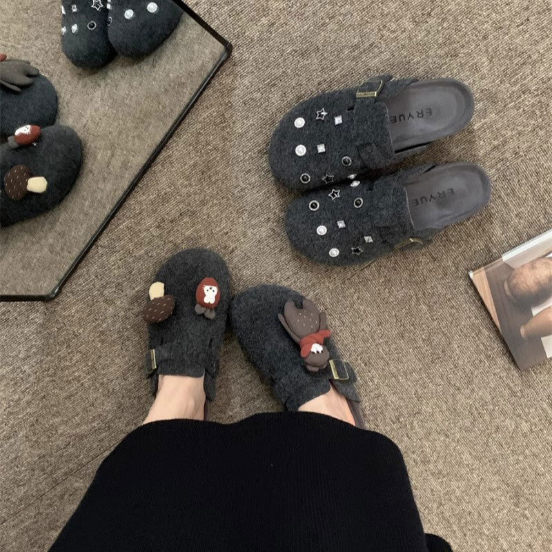 森系毛呢铆钉水钻厚底勃肯鞋女2025新款复古包头半拖鞋女外穿拖鞋