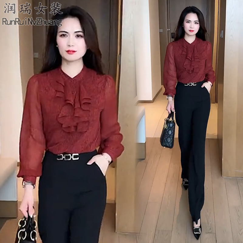 轻职风时尚套装女2025秋季新款洋气荷叶边长袖衬衫阔腿裤两件套潮