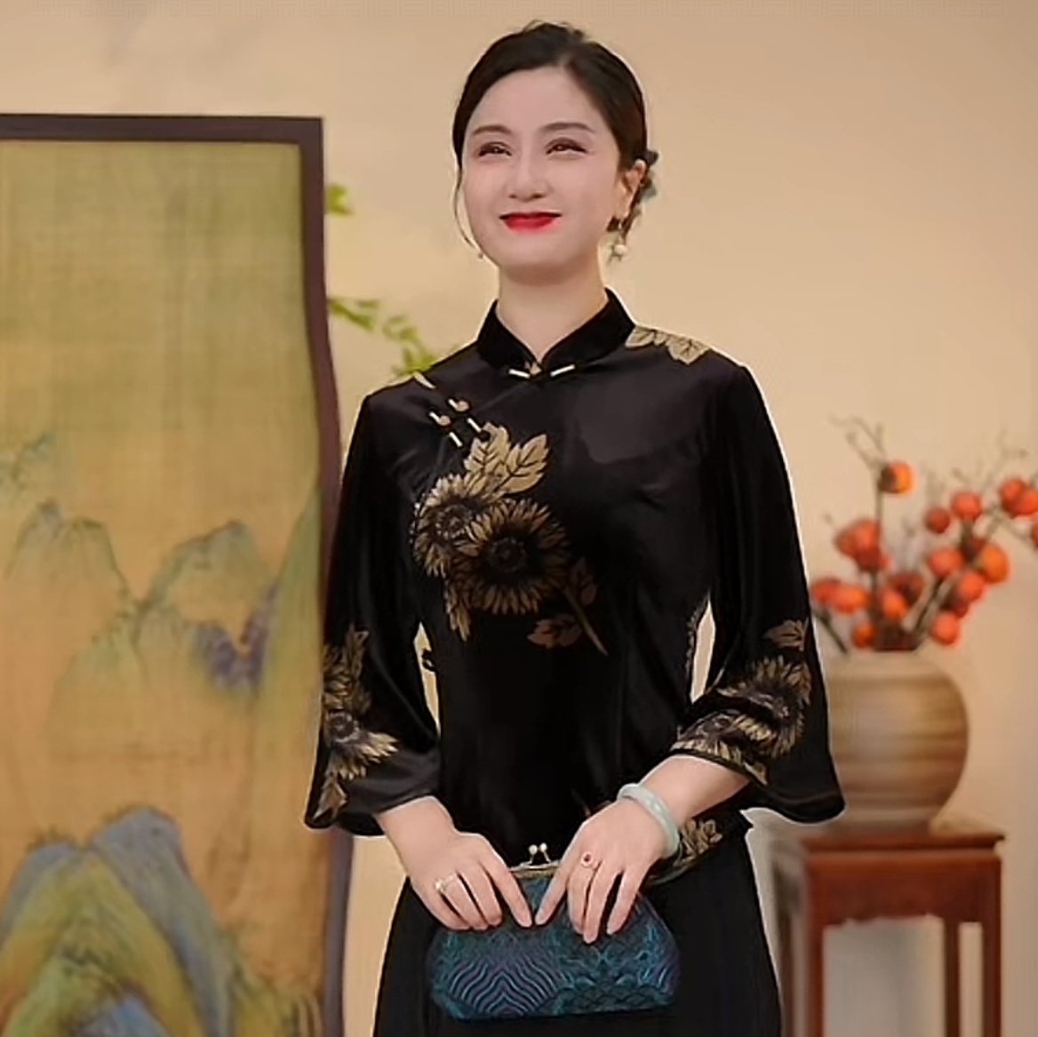 瓷萱【金葵】秋季中国风旗袍上衣七分袖斜襟重磅复古黑色气质新国风