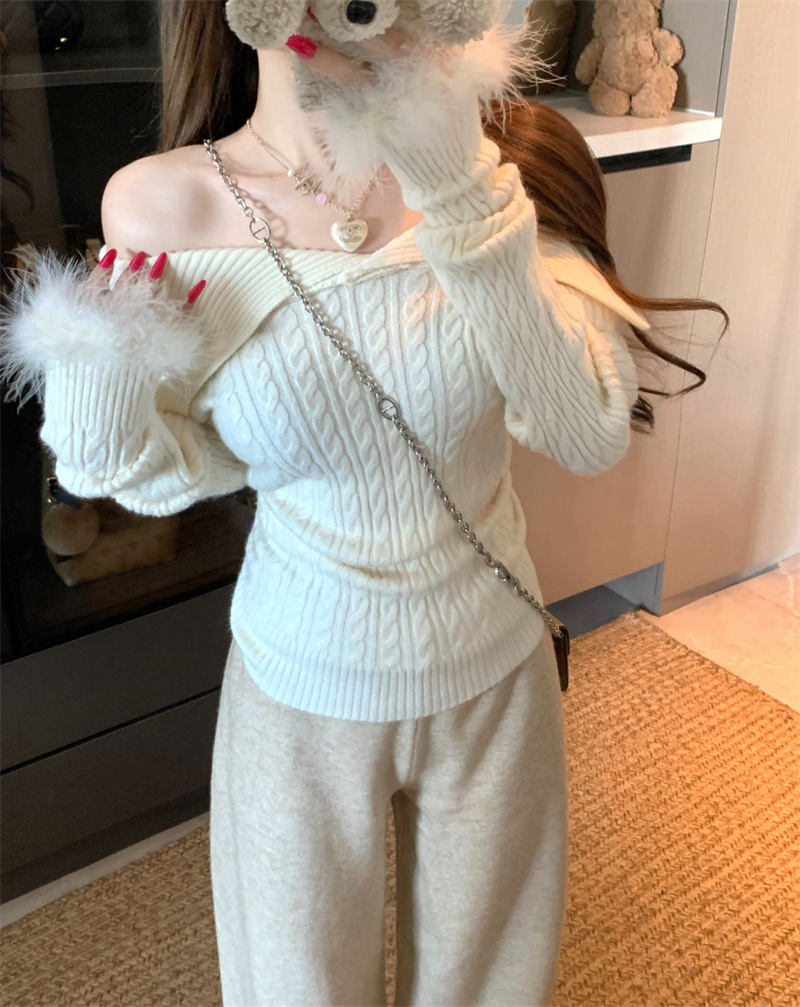 温柔风麻花翻领一字肩拼接毛毛袖毛衣女修身显瘦上衣毛衣I6-75