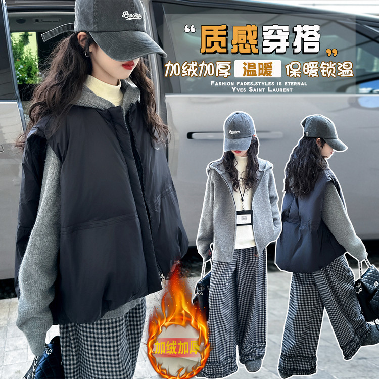 女童冬季时尚洋气连帽毛衣加厚三件套套装120-170码（价格已开）