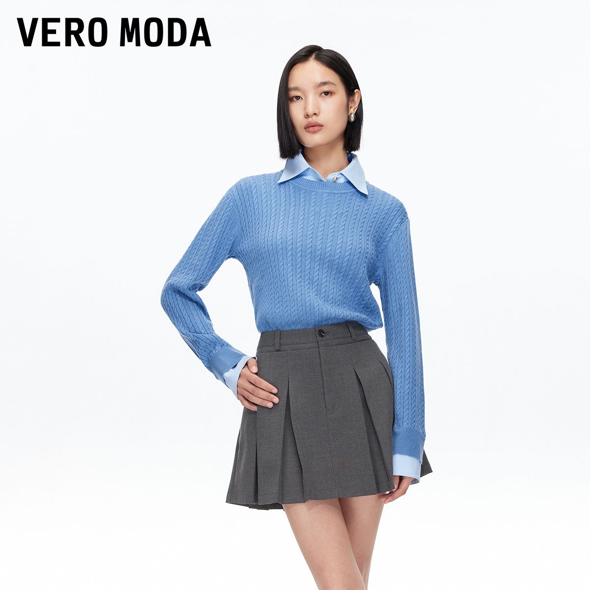 Vero Moda短裙2025秋季新款腰袢A字高腰百褶裙百搭时尚流光风洋气