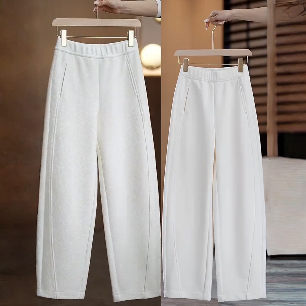 奶油白羊毛呢弯刀裤女2025秋冬季新款加绒加厚香蕉裤休闲阔腿裤子