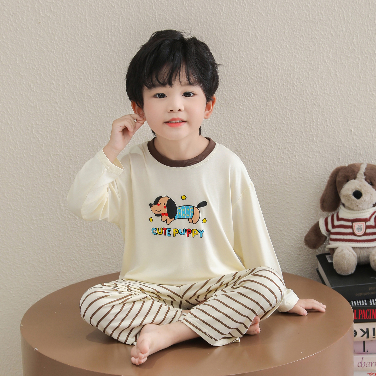 男童睡衣春秋长袖薄款莫代尔男孩空调服宝宝条纹裤套装儿童家居服