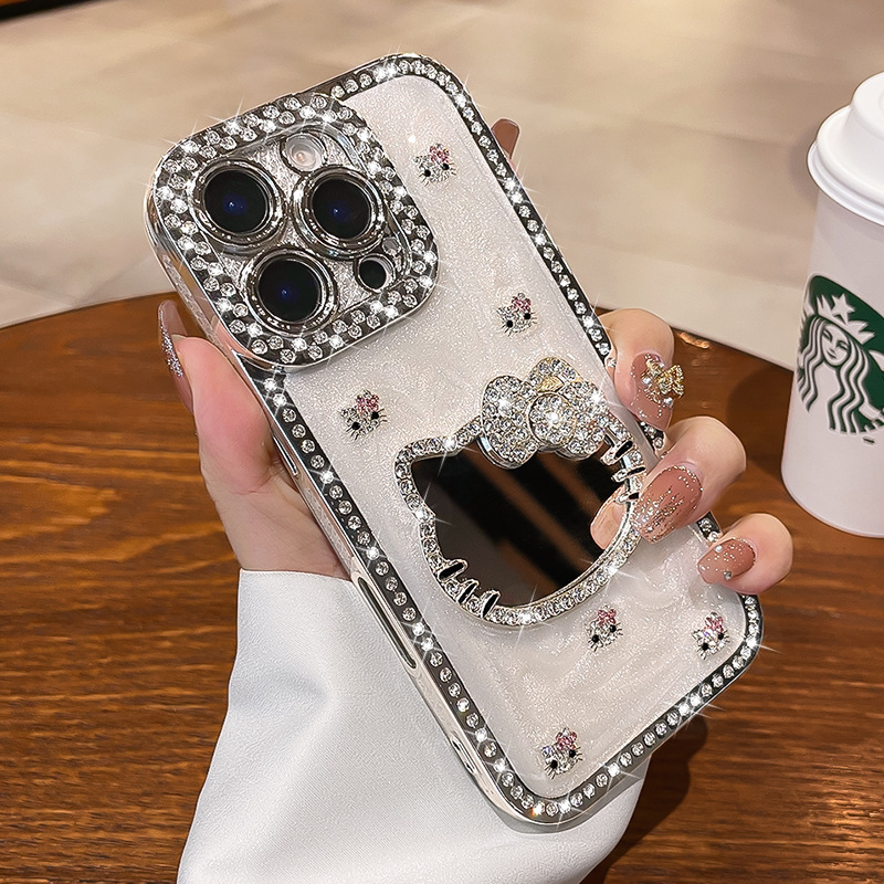 超好看水钻kt猫补妆镜适用苹果16promax手机壳iPhone15防摔14女13