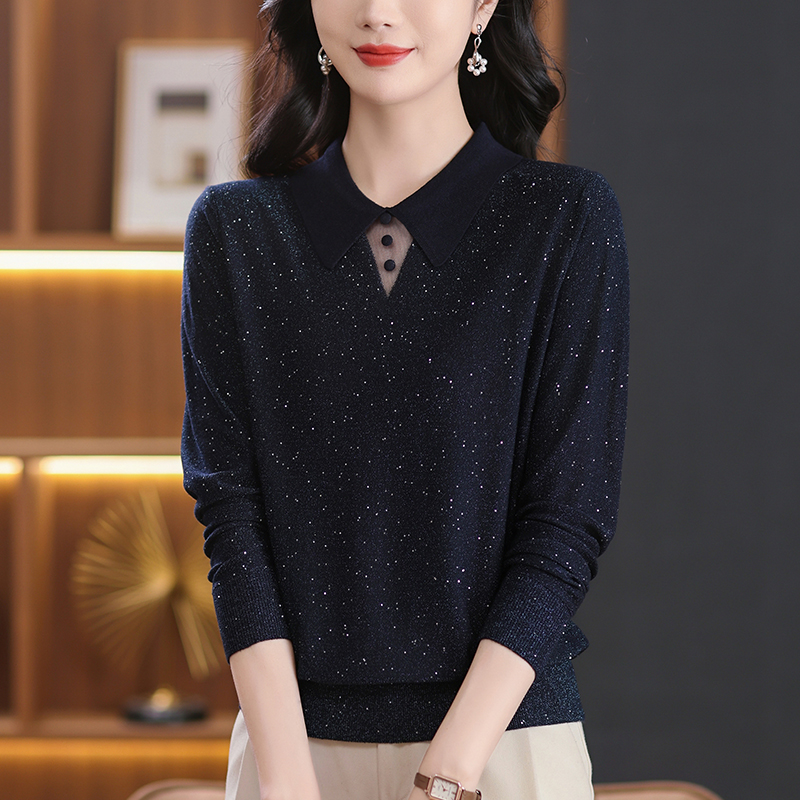 大码女装春秋2025新款爆款针织上衣宽松显瘦洋气Polo领蕾丝打底衫