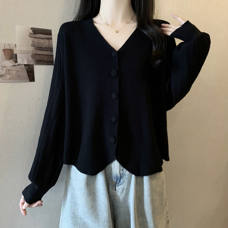 大码软糯V领长袖针织开衫女春秋新款胖MM宽松显瘦百搭洋气毛上衣