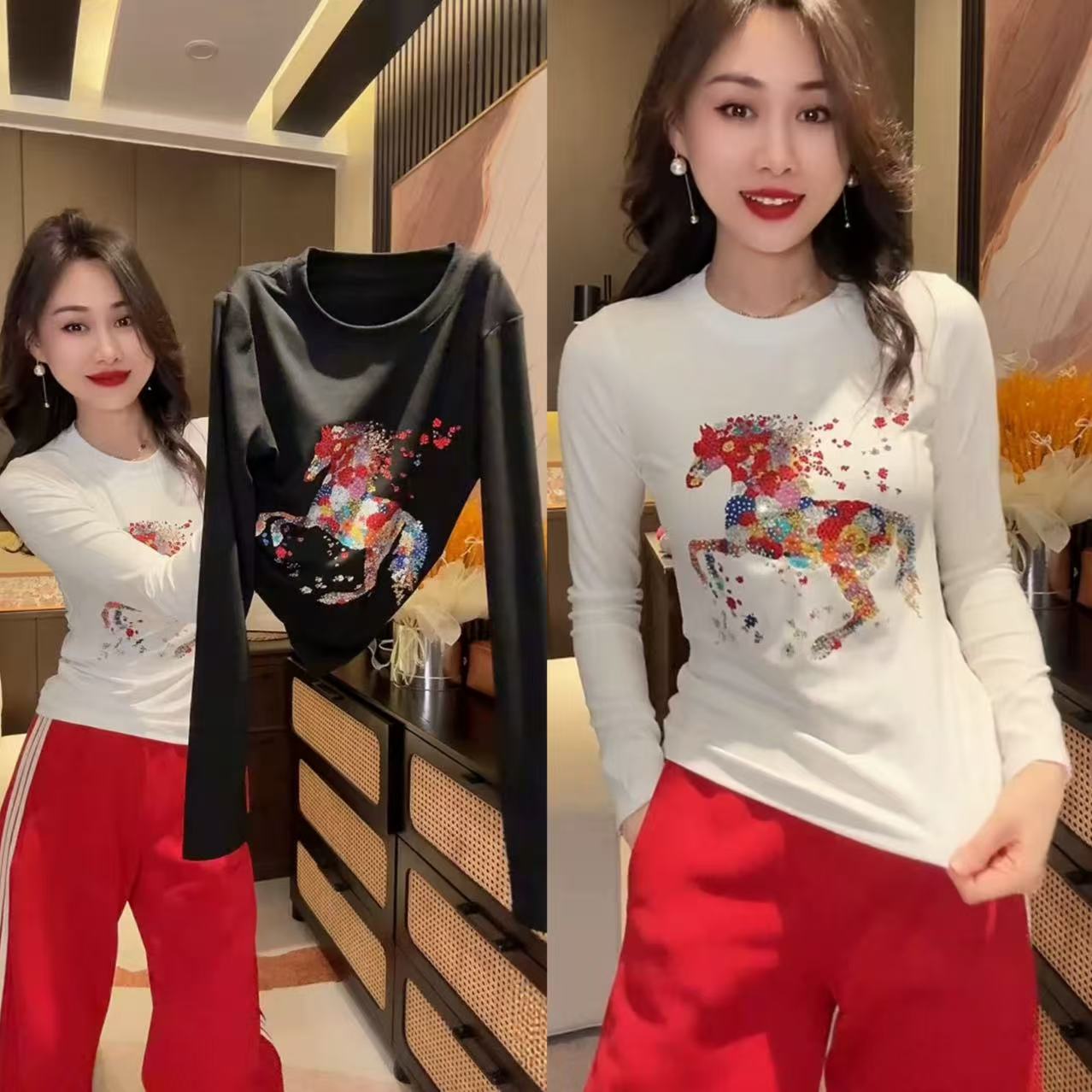 美式辣妹风重工小马刺绣长袖t恤2026早春新款修身打底衫潮酷上衣