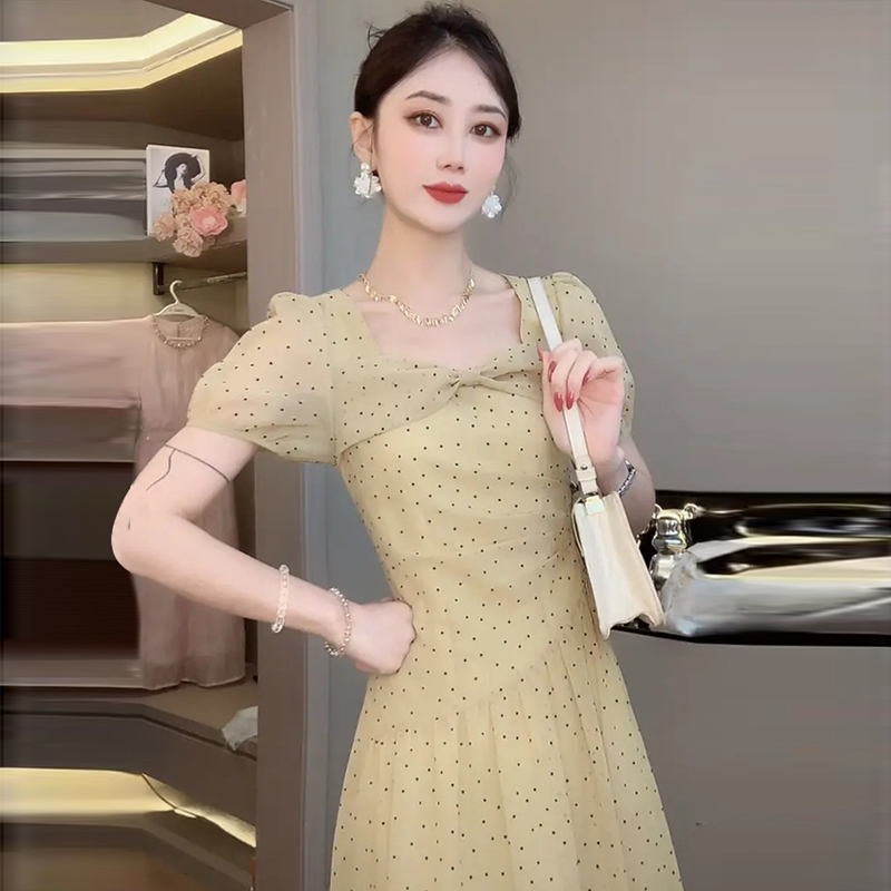 法式高级感波点蝴蝶结连衣裙女2026年夏季新款洋气减龄短袖长裙潮