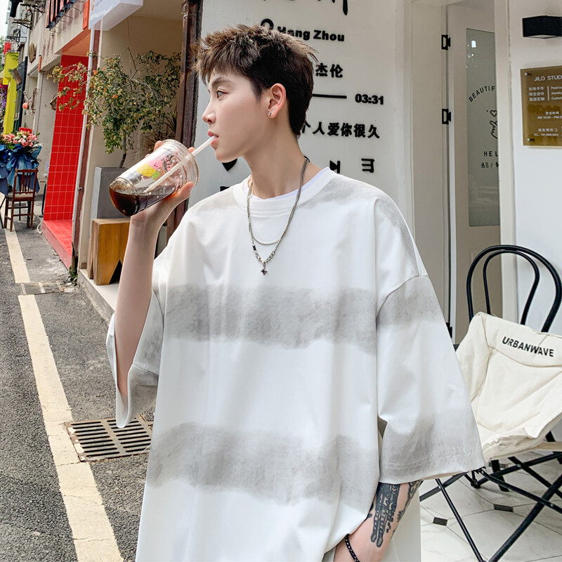 条纹冰丝短袖男t恤夏季新款美式重磅圆领上衣高级感cleanfit体恤