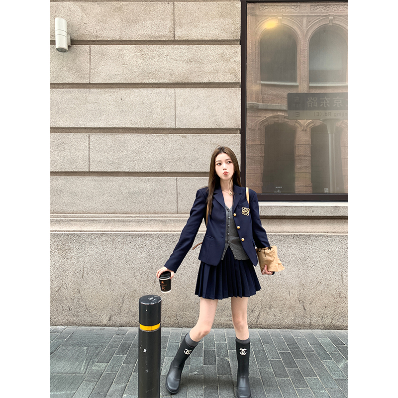 学院风日系JK制服韩版休闲风简约西装套装外套+百褶裙两件套秋季