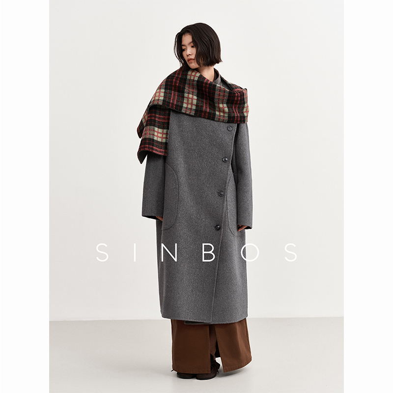 SINBOS圣诞夜双面穿羊毛混纺毛呢大衣2024秋冬新款立领长款外套女