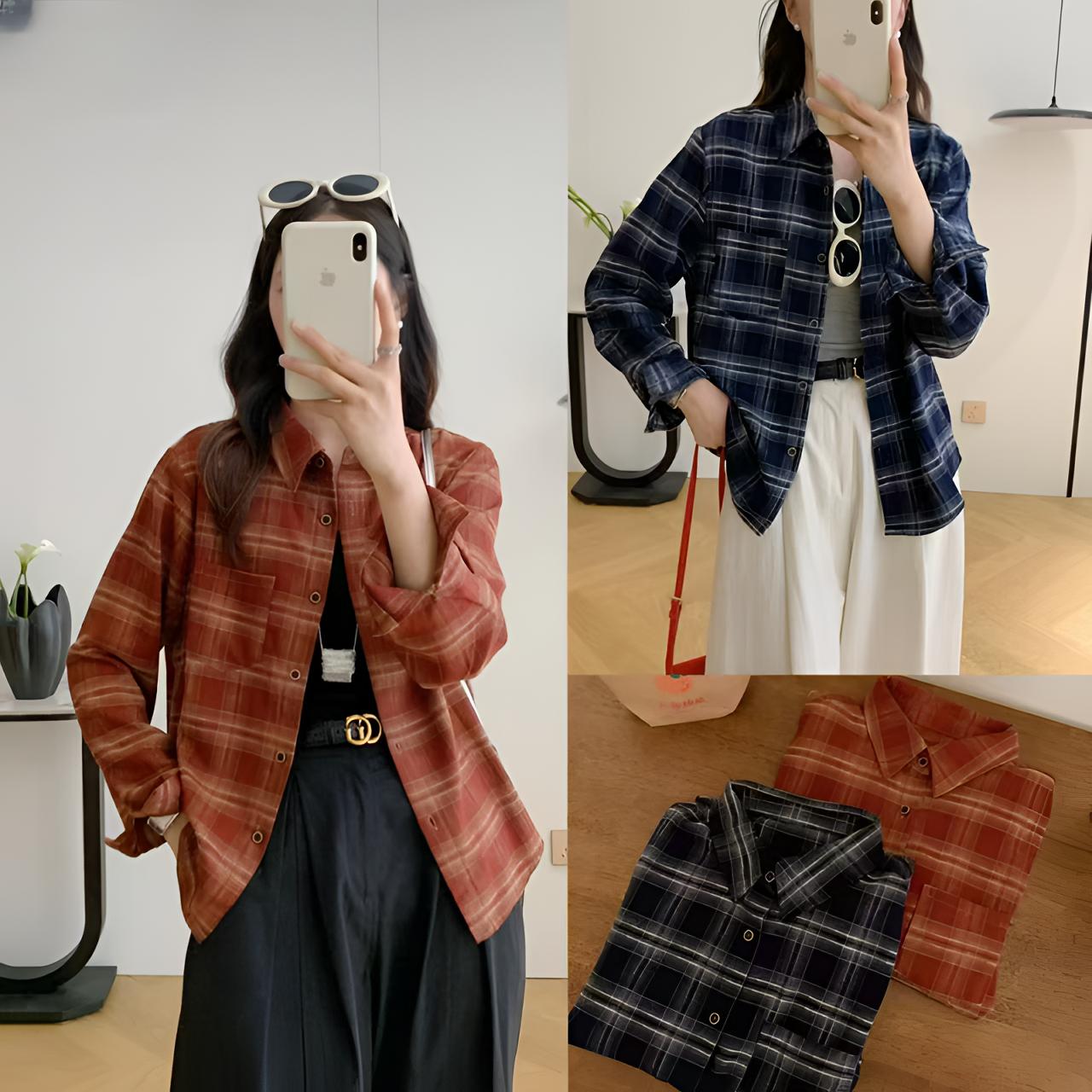 秋季百搭格子衬衫港味女士气质显瘦格纹休闲时尚长袖磨毛衬衣