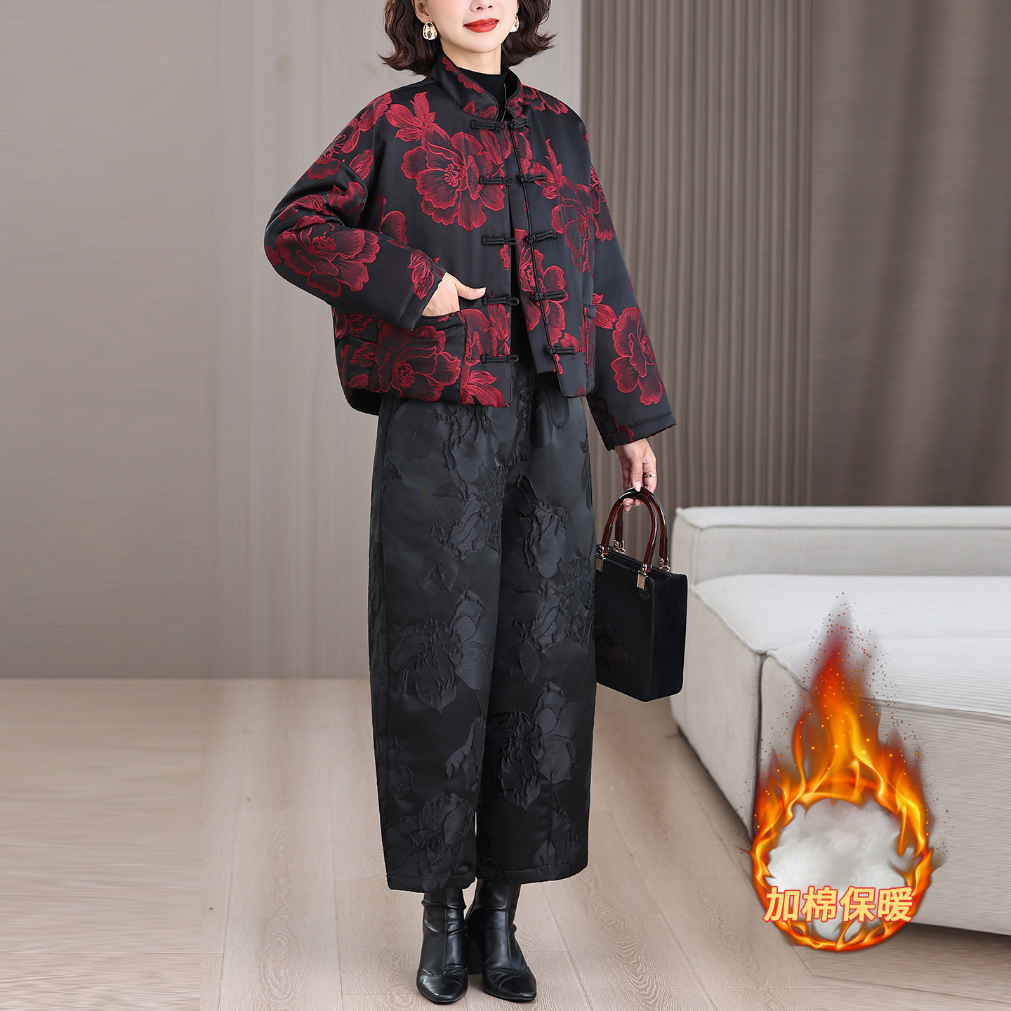 中式国风棉衣套装女秋冬新款复古印花立领盘扣保暖棉袄提花直筒裤