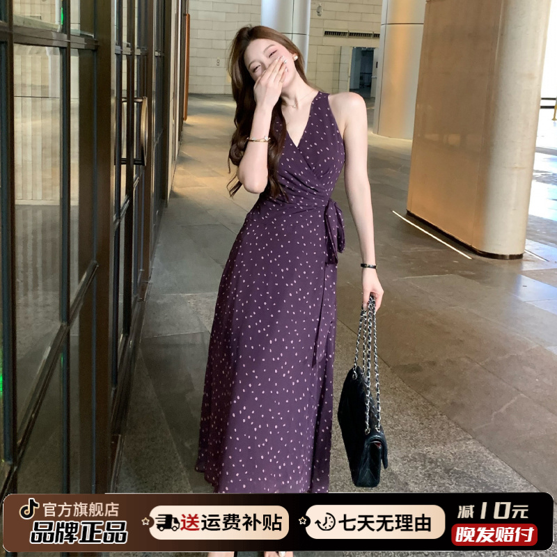 V领独特漂亮紫色掐腰无袖波点连衣裙夏日巨好看御姐风情万种裙子