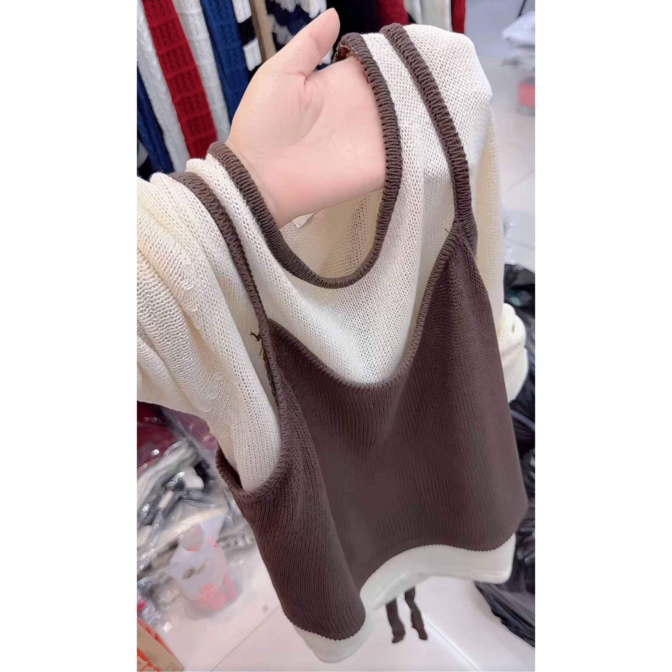 小众韩版休闲假两件针织衫薄款显瘦设计感撞色长袖上衣2025春秋季