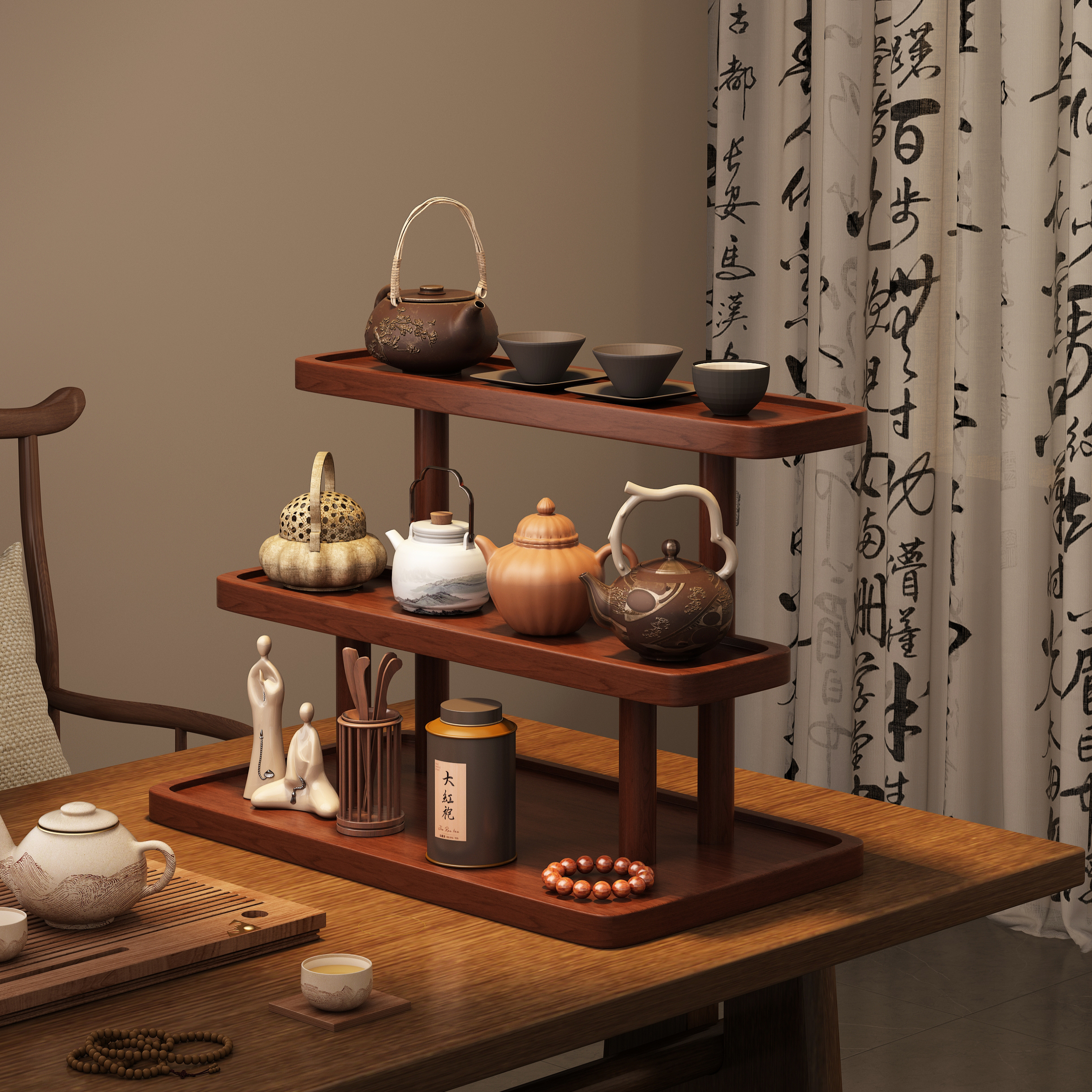 博古架实木中式茶具茶叶置物架台式茶室摆件桌面小型紫砂壶摆放架