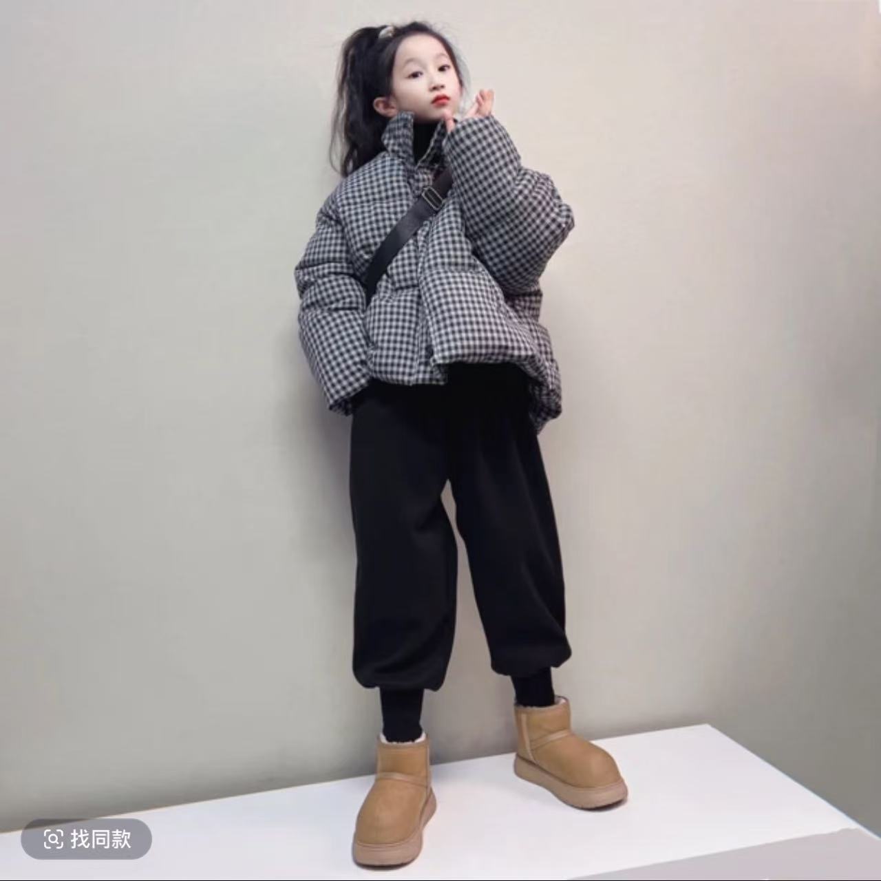 女童千鸟格棉衣棉服2024冬季新款韩版中大童百搭立领面包服外套潮