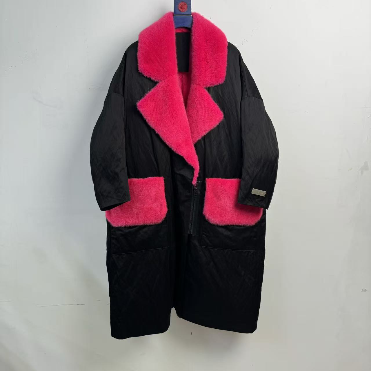 鹅绒服宝嘉美水貂皮草毛领宽松廓形长款大衣