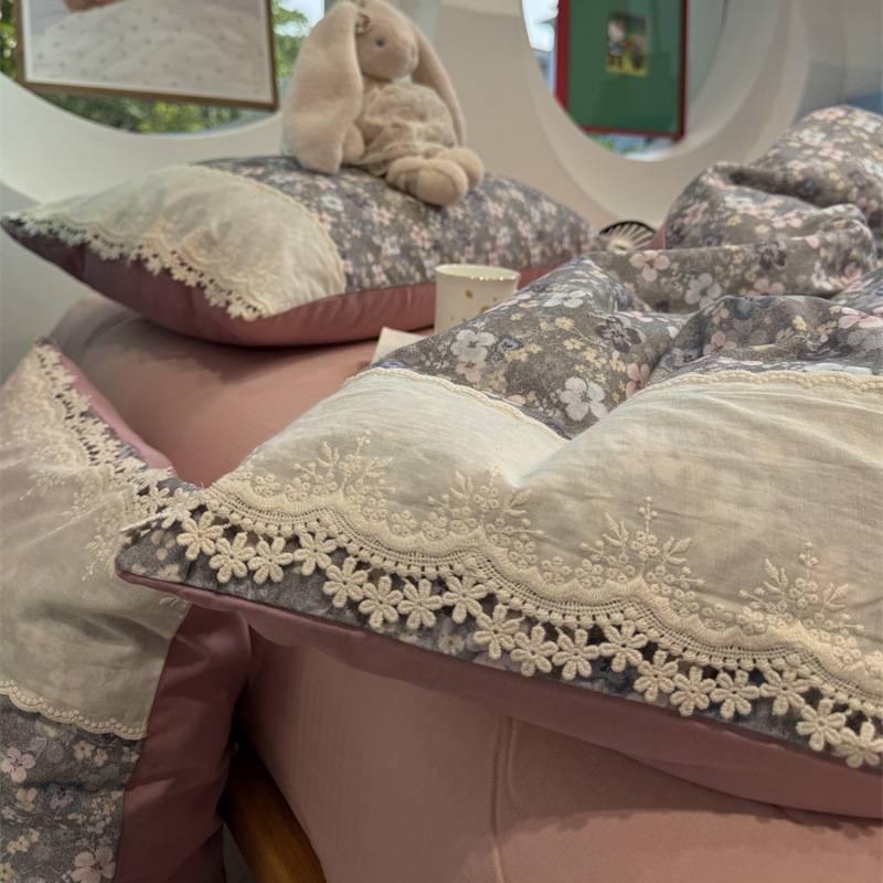易安阁ins少女心复古碎花蕾丝花边纯棉磨毛四件套全棉被套1.8米