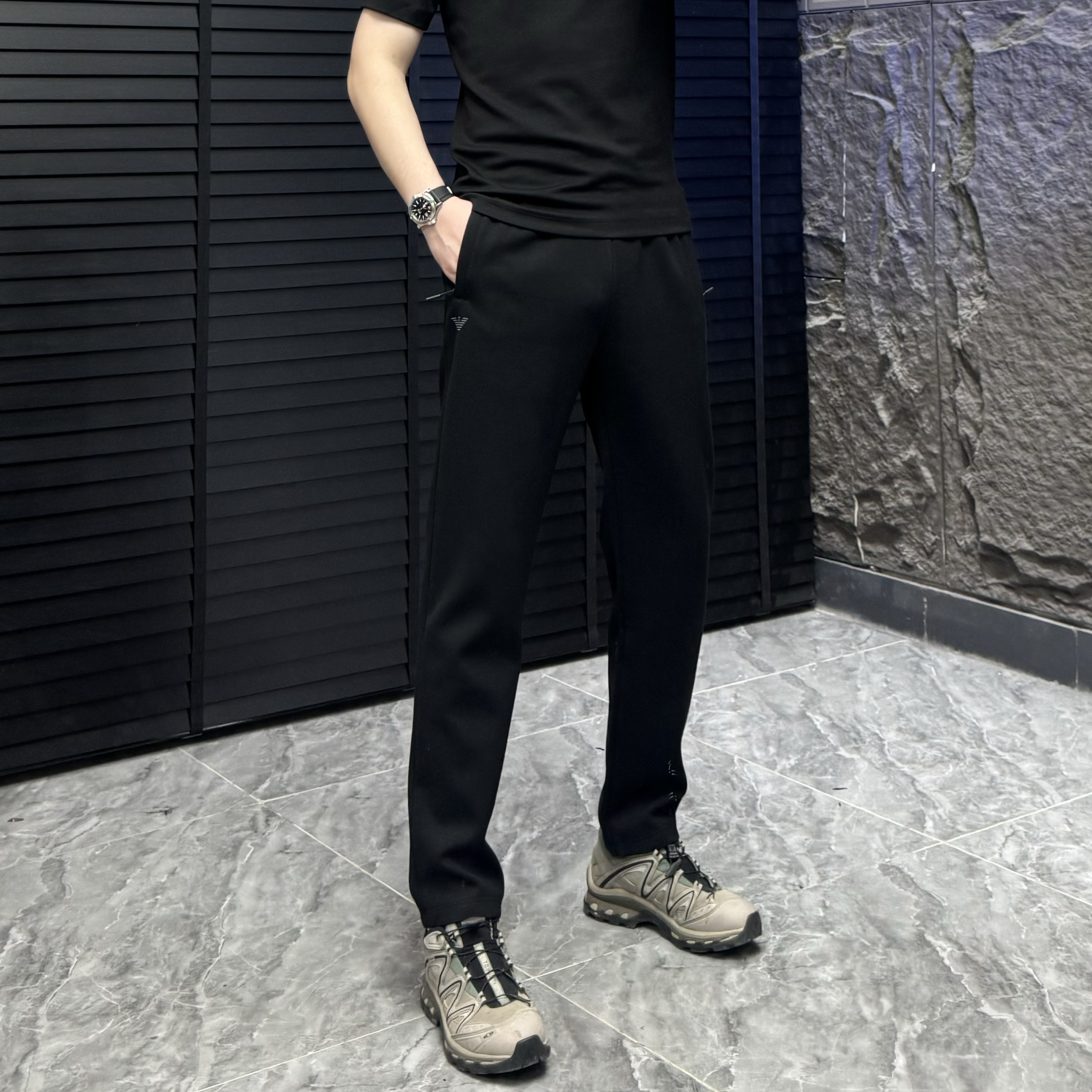 秋季中腰印花针织束脚款中弹休闲裤微弹数字字母透气