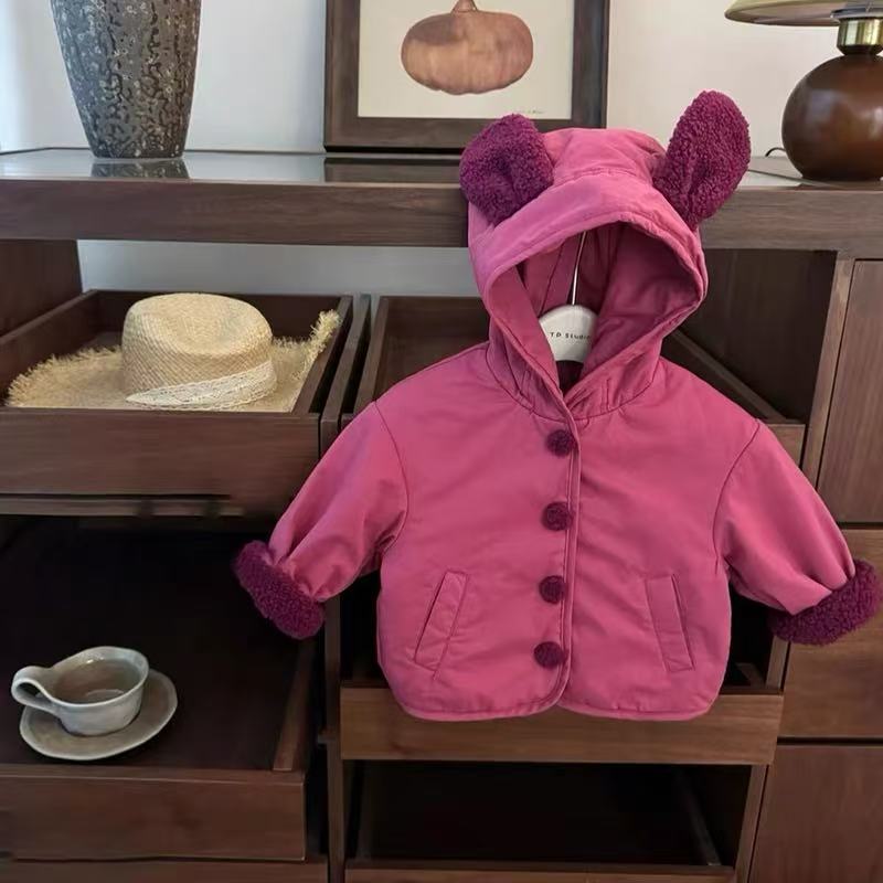 女童冬季加绒加厚保暖连帽外套2025新款女孩洋气百搭火龙果色棉衣