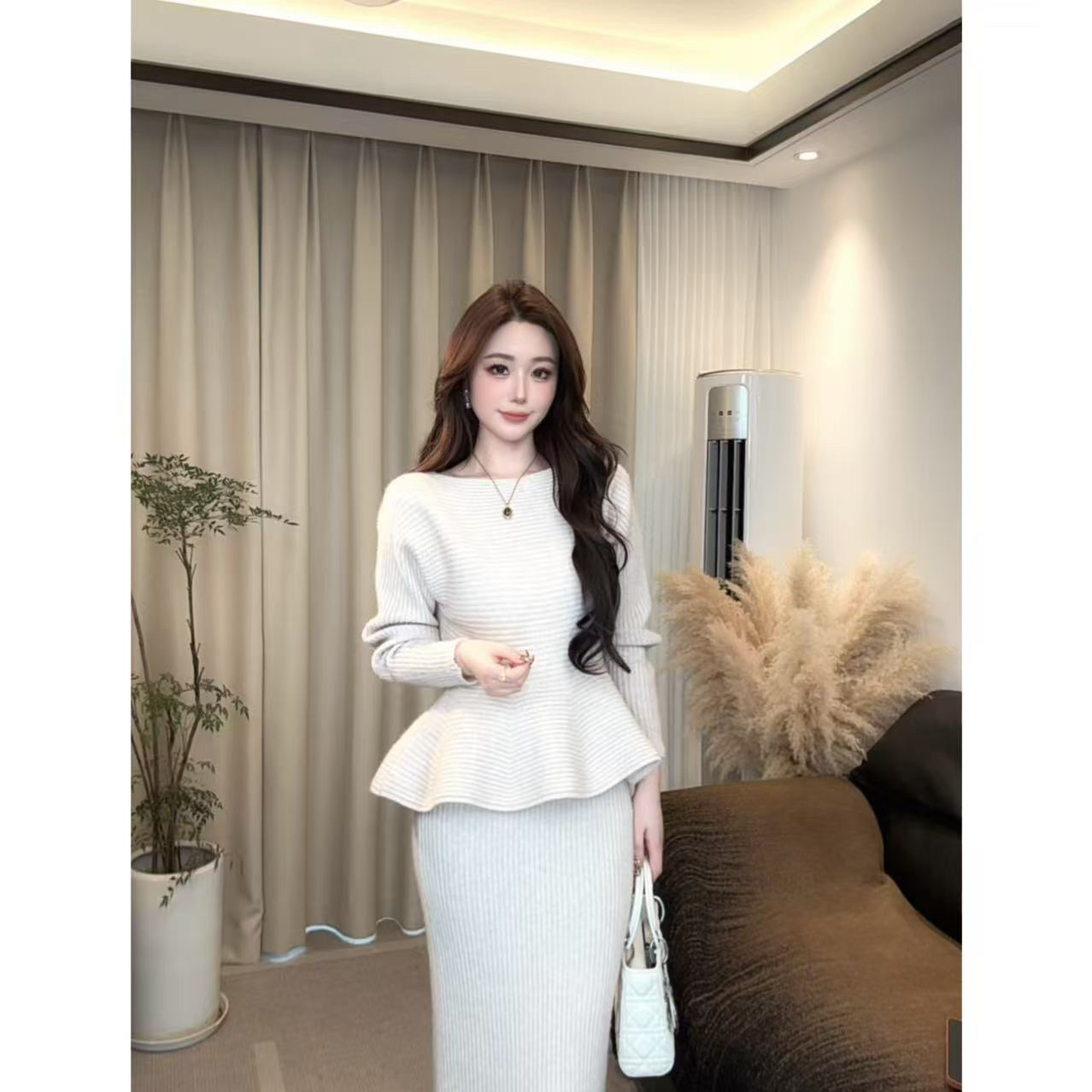 新款复古收腰针织上衣高腰鱼尾裙气质套装