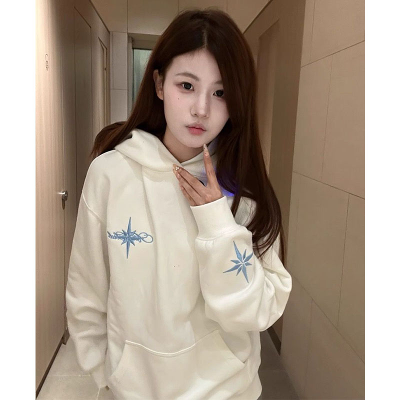 国潮牌刺绣连帽卫衣女秋冬季加绒宽松美式复古高街情侣上衣#WY242