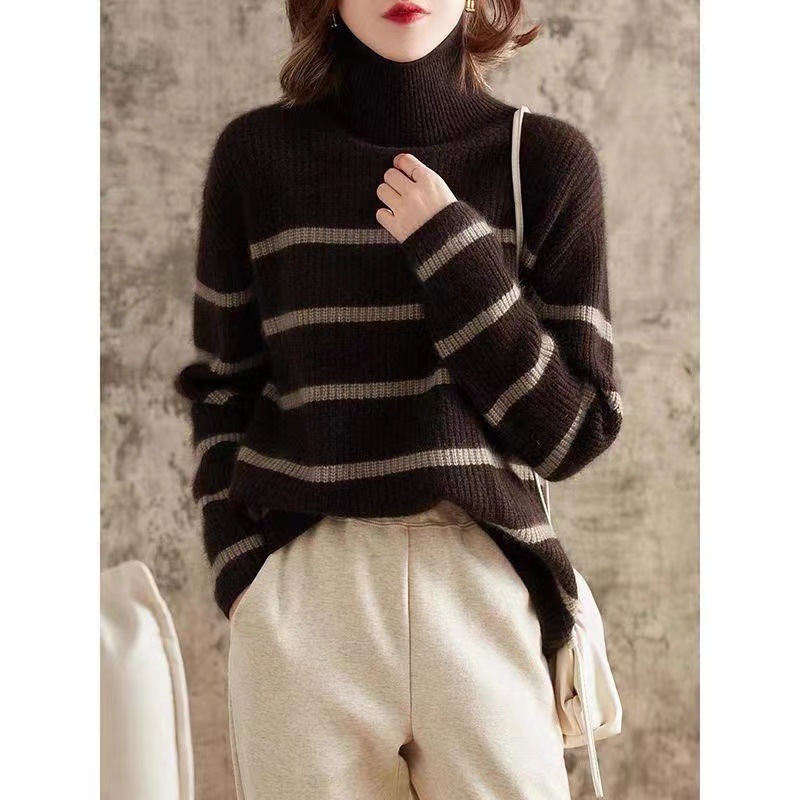 2024复古撞色条纹高领毛衣女针织衫秋冬新款内搭气质遮肉打底女