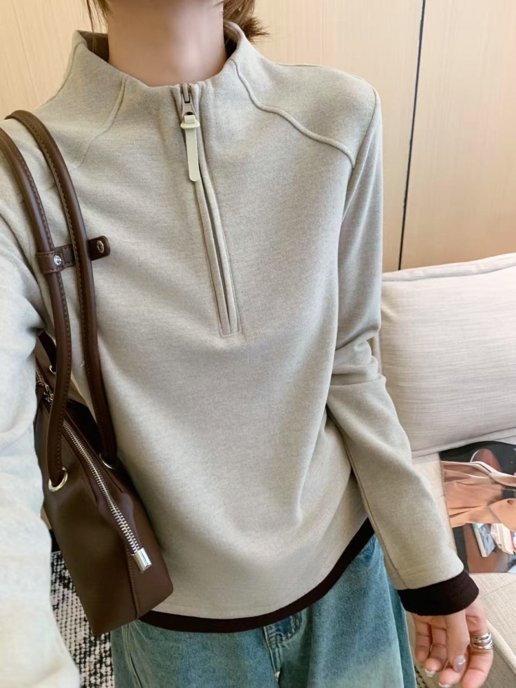 拼接撞色半拉链德绒打底衫秋冬季新款双面绒保暖上衣女百搭显瘦款