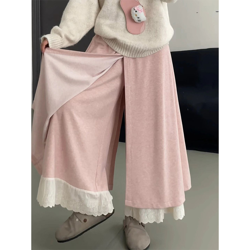 粉色蕾丝花边阔腿裤女秋冬2025新款高腰显瘦屁帘休闲毛呢半身裙裤