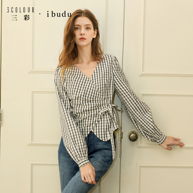 三彩ibudu2025冬季新款格纹小衫V领绑带长袖衬衣设计感女