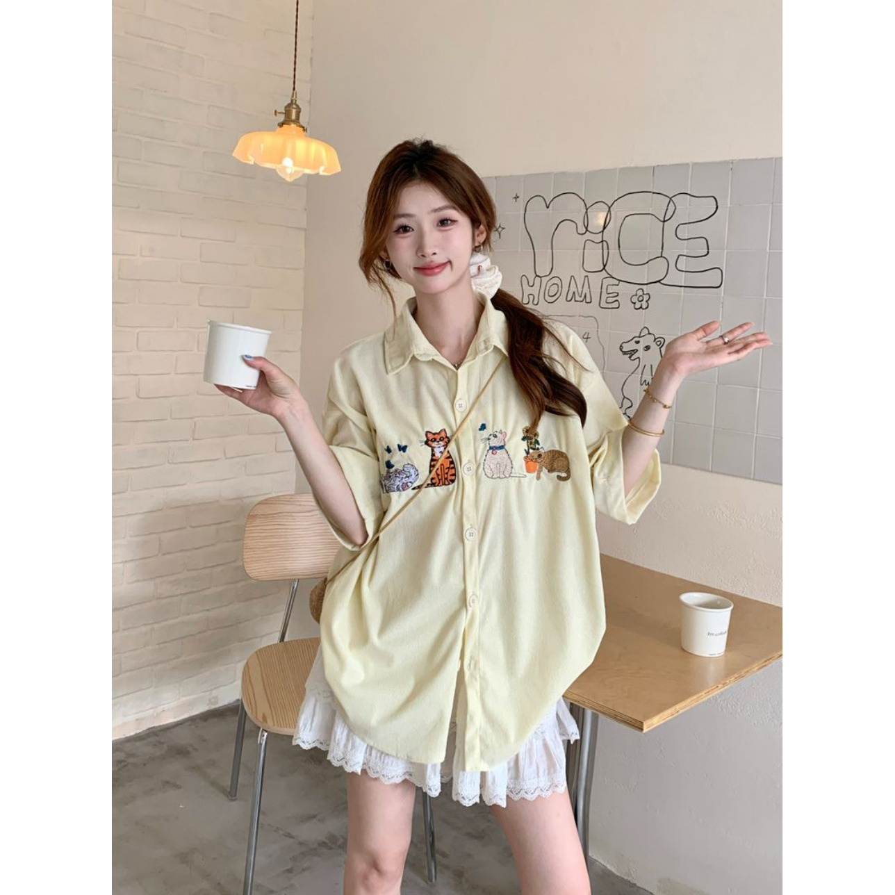 美式复古趣味可爱猫咪刺绣文艺休闲长袖衬衫女装夏季新款半袖衬衣