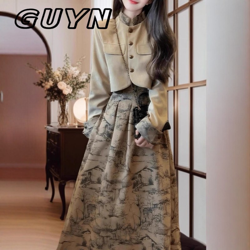 GUYN套装女春秋大尺码微胖mm高级感覆古气质短外套洋装子两件套