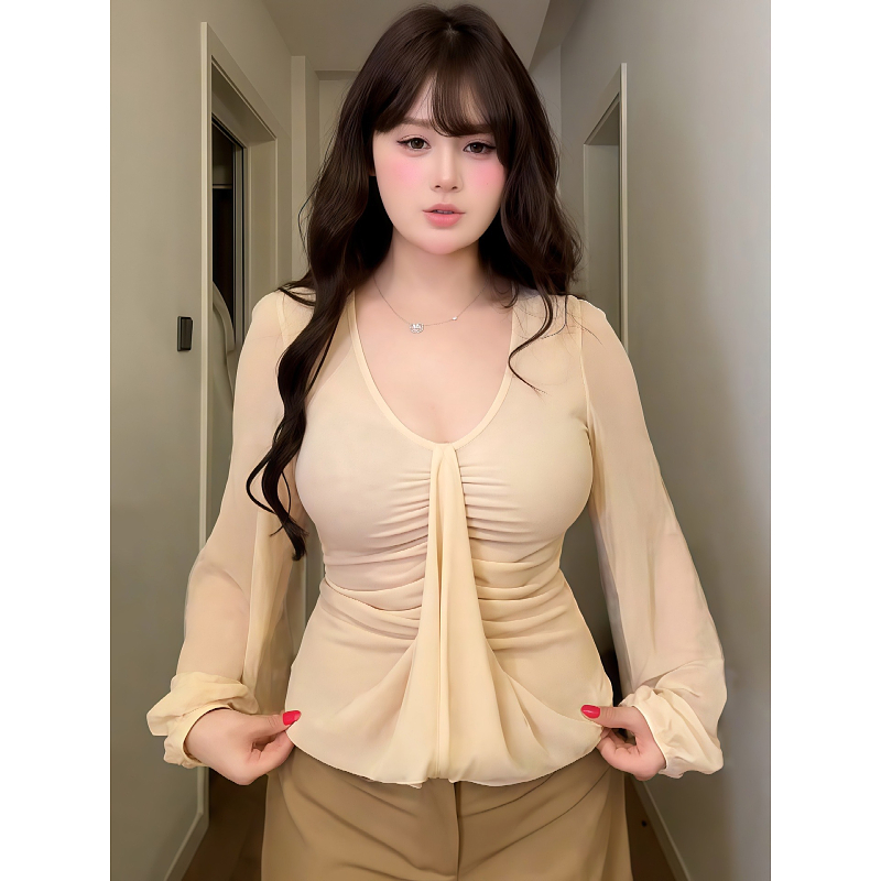 大码胖MM纯欲风V领长袖T恤女秋季新款设计感显瘦气质绝美修身上衣